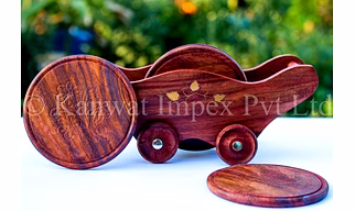 Wooden Trolly Shape Coasters Set with 6 Coaster Plate Brass Embedded Design Coaster