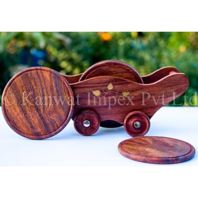 Wooden Trolly Shape Coasters Set with 6 Coaster Plate Brass Embedded Design Coaster