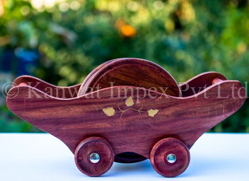 Wooden Trolly Shape Coasters Set with 6 Coaster Plate Brass Embedded Design Coaster-1