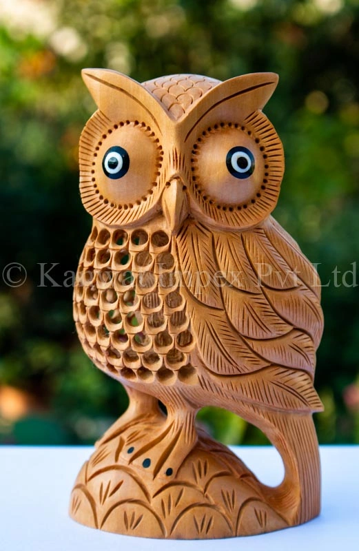 Wooden Carved Undercut Jali Work Owl Statue Jaipuri Handicraft-KanwatImpex004