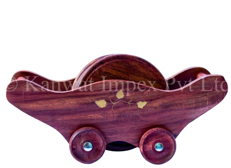 Wooden Trolly Shape Coasters Set with 6 Coaster Plate Brass Embedded Design Coaster-2