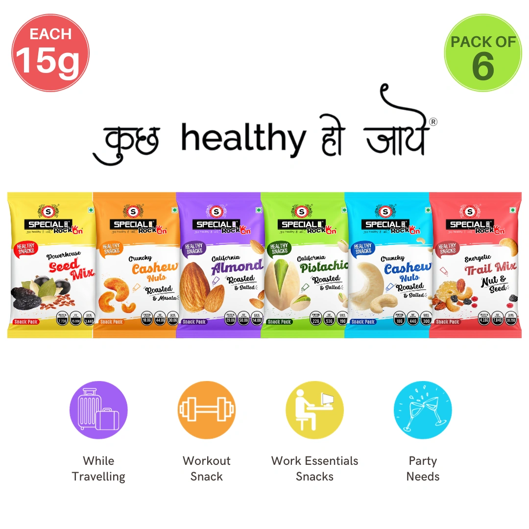 Special Choice (Rock On) On-The-Go Snacking Combo- Salted Almonds, Salted Cashews, Masala Cashews, Salted Pistachios, Trail Mix &amp; Seeds Mix (Pack of 6 x Each 15g ) - 90g-1005