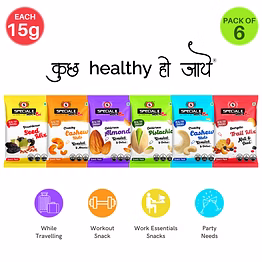 special choice (rock on) on-the-go snacking combo- salted almonds, salted cashews, masala cashews, salted pistachios, trail mix & seeds mix (pack of 6 x each 15g ) - 90g code 1077