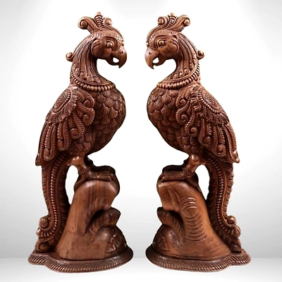 kalagya Handcrafted Wooden Pair of Parrot – Natural Polish Finish