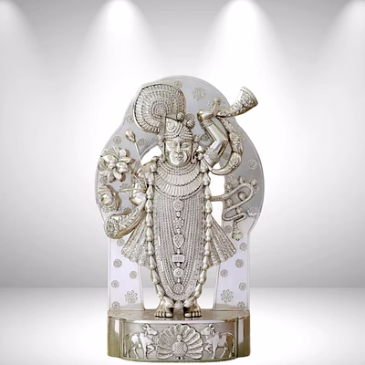 kalagya artisan-crafted lord shrinath ji statue in wood with silver cladding – elegant divine décor