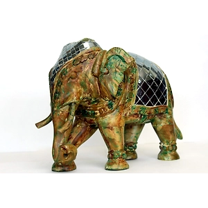 Wooden Vintage-Look Elephant with Glass Inlay Detail