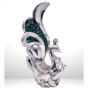 Handcrafted Peacock Statue – Silver Cladding with Abalone Inlay