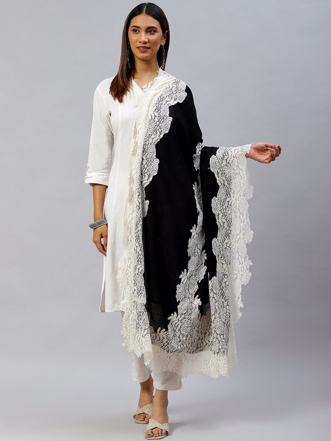 Black Shawl with white lace, winter shawls for women image 2