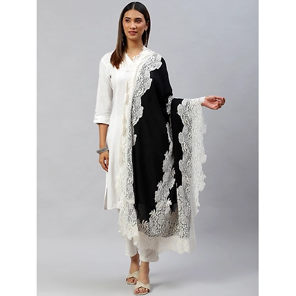 Black Shawl with white lace, winter shawls for women-MODSVLACEBWFW22