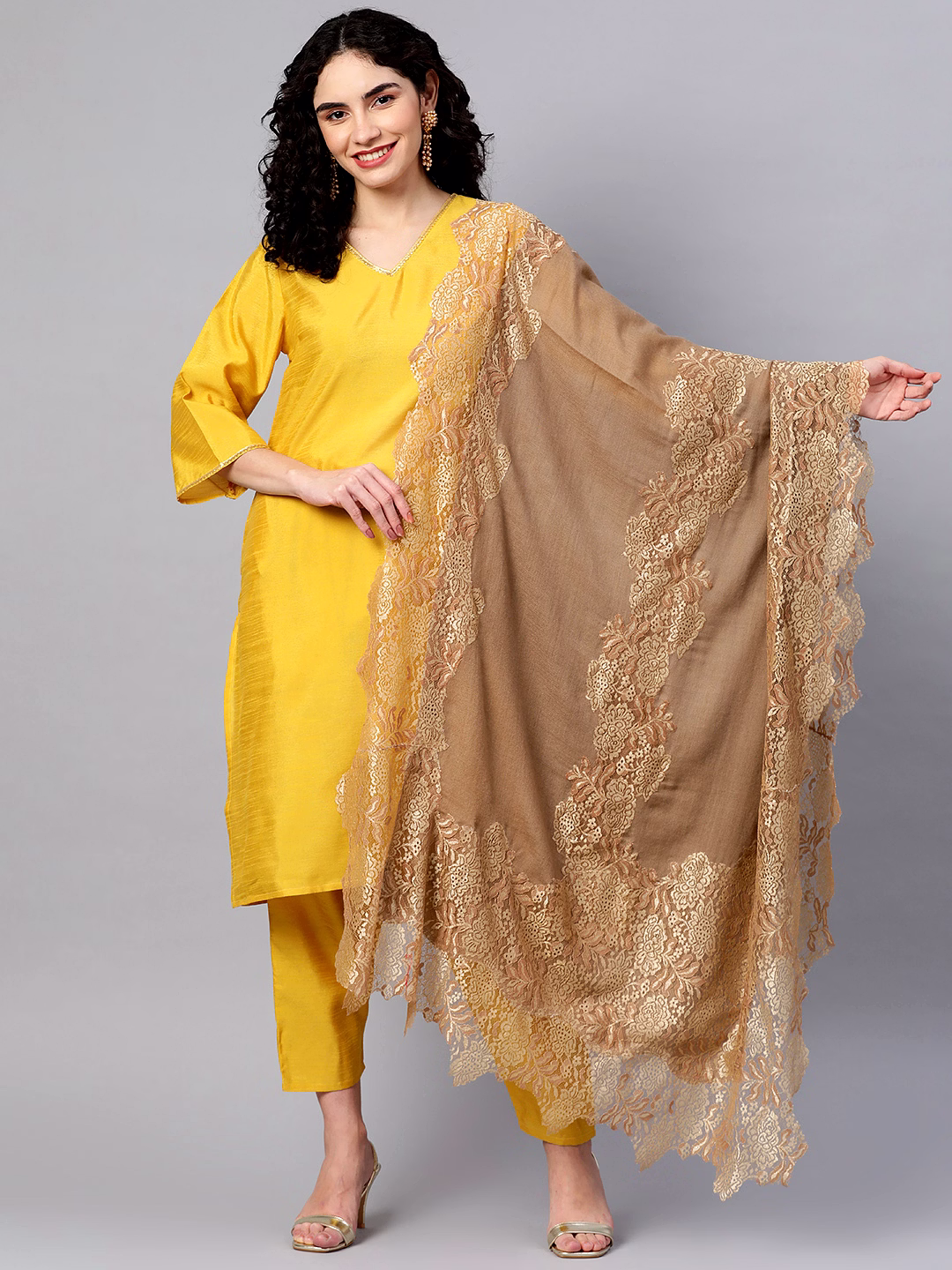Golden Shawl with lace, winter shawls for women image 4