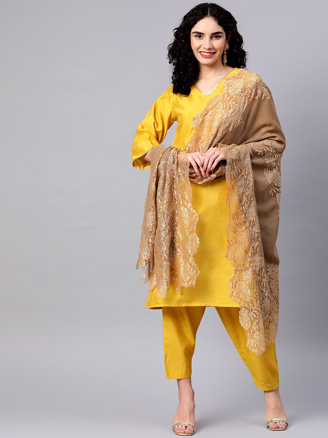 Golden Shawl with lace, winter shawls for women image 1