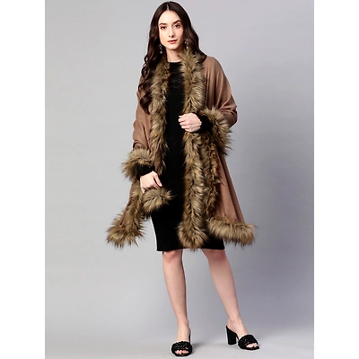 MODARTA Brown Wool shawl with fur, fur shawl online
