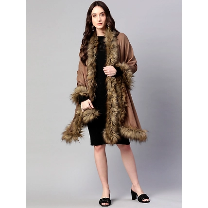 Brown Wool shawl with fur, fur shawl online-MODSVFURBR22