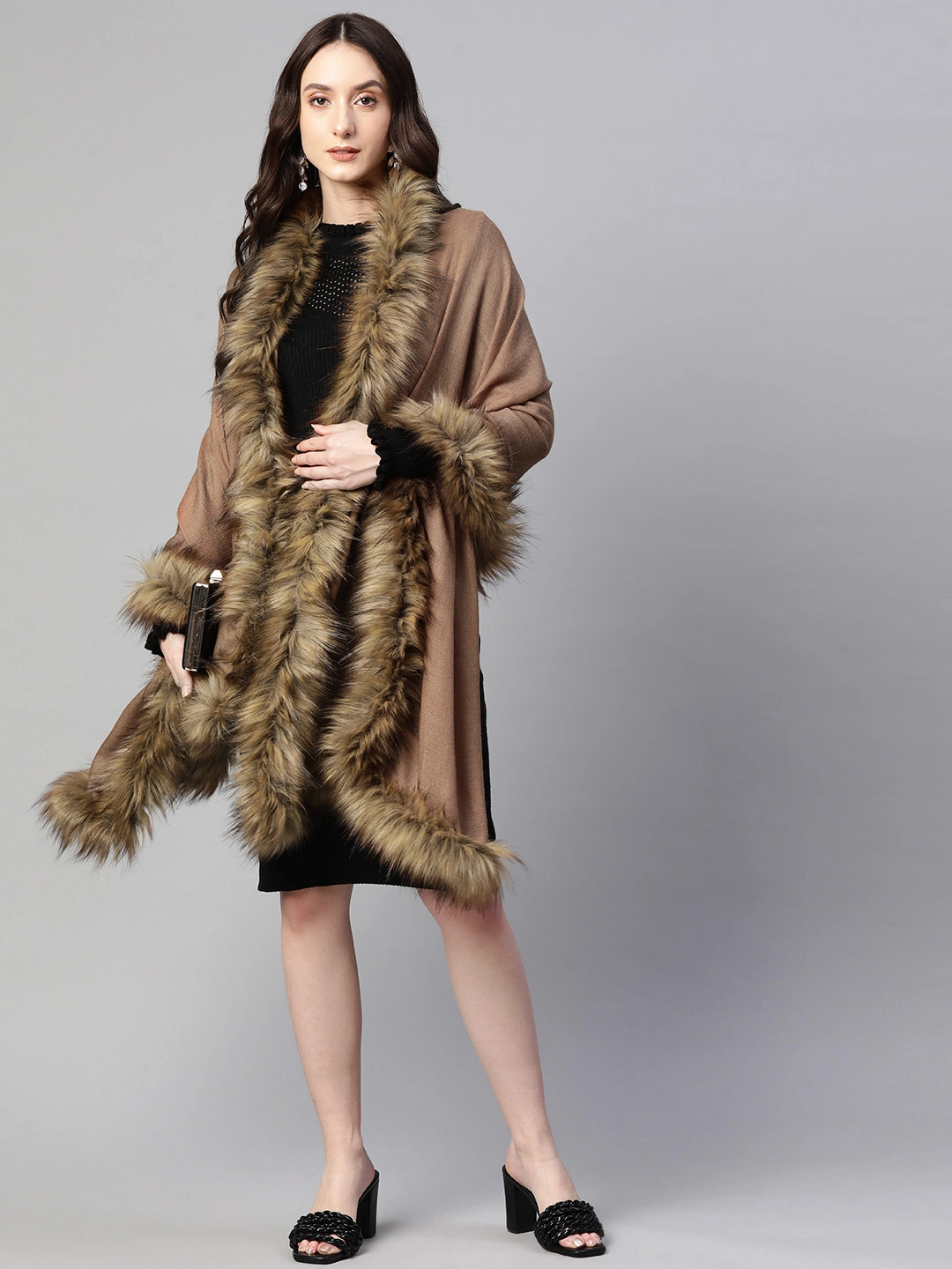 Brown Wool shawl with fur, fur shawl online-1