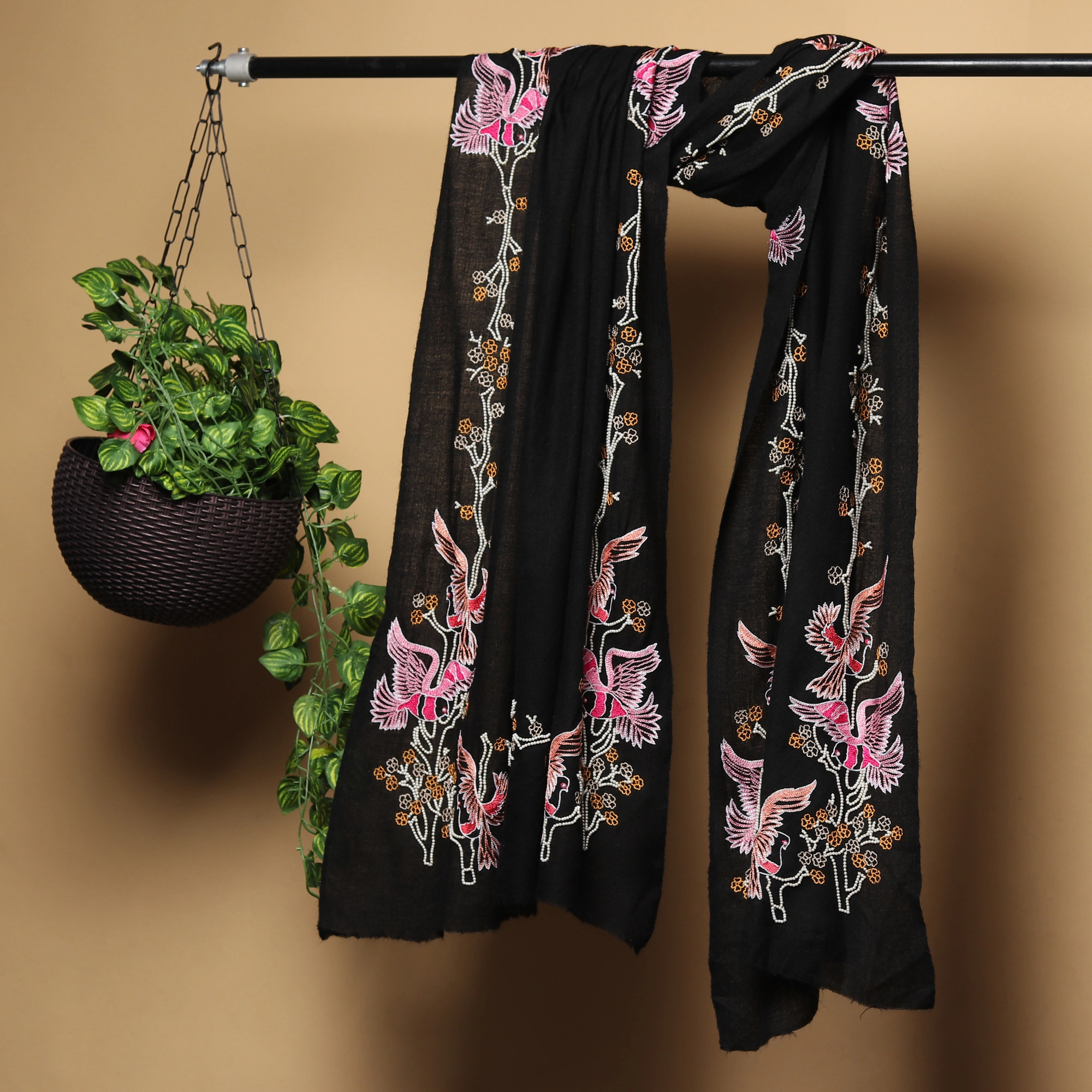 Black Pure Pashmina Shawl with beautiful birds hand embroidery-MODBLACKPPSWAN