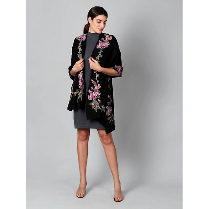 Black Pure Pashmina Shawl with beautiful birds hand embroidery-1