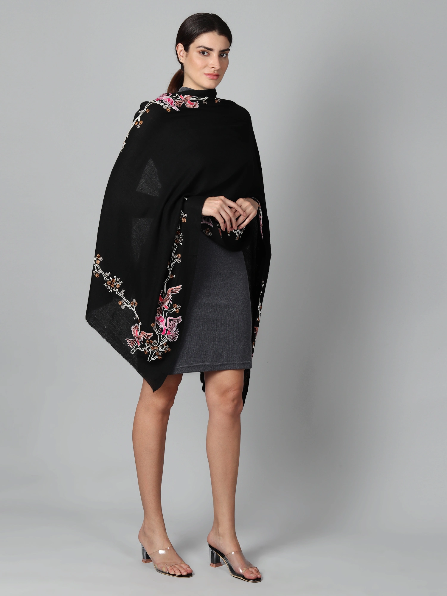 Black Pure Pashmina Shawl with beautiful birds hand embroidery-2