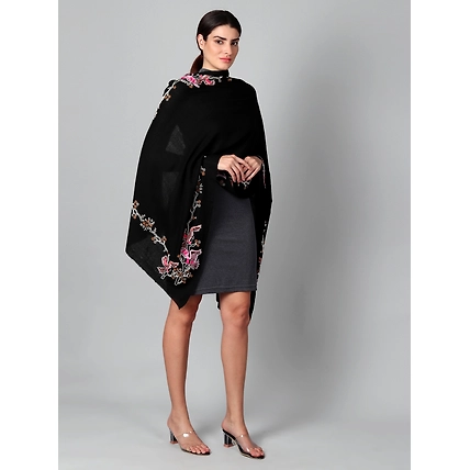 Black Pure Pashmina Shawl with beautiful birds hand embroidery-2
