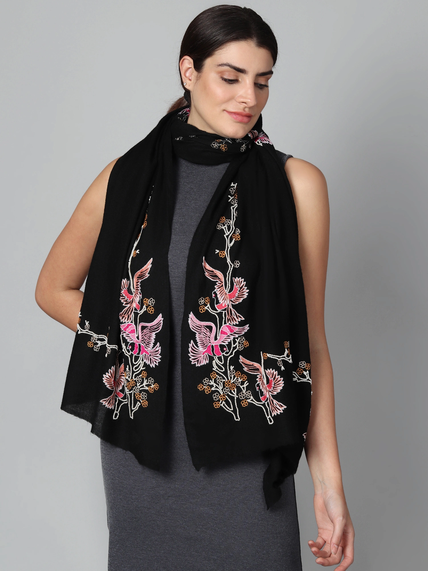 Black Pure Pashmina Shawl with beautiful birds hand embroidery-3