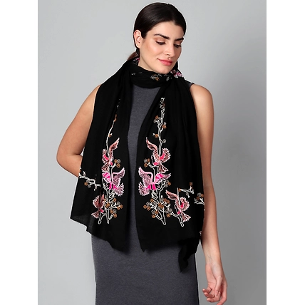 Black Pure Pashmina Shawl with beautiful birds hand embroidery-3