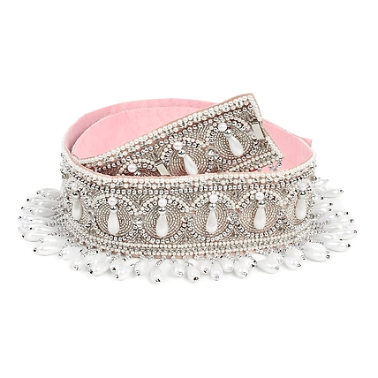 Embroidered Silver Belt, Waist Belt, White Belt , Pearls and Swarovski Crystals-MODWPPDWBELT