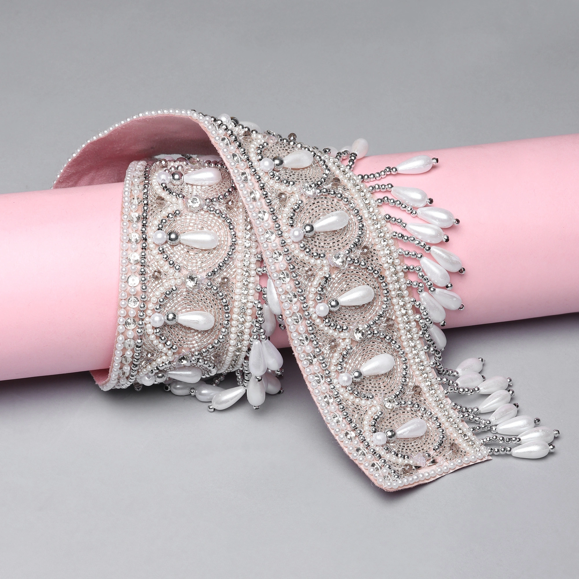 Embroidered Silver Belt, Waist Belt, White Belt , Pearls and Swarovski Crystals-3