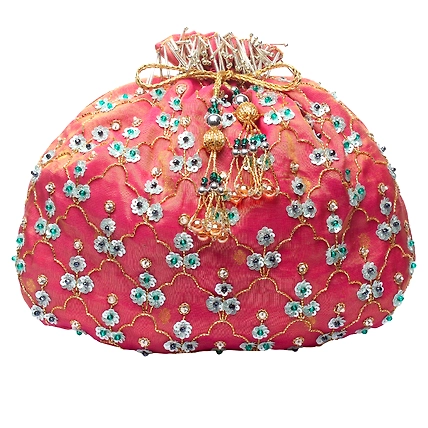 Fuschia Pink potli bag , raw silk potli pouch-1