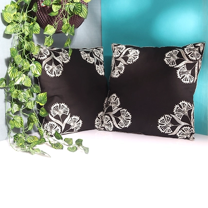 Black Cushion Cover, 15.5 x15.5 cushion covers, hand embroidered-MOD-CCSET-BLSL-EMBR