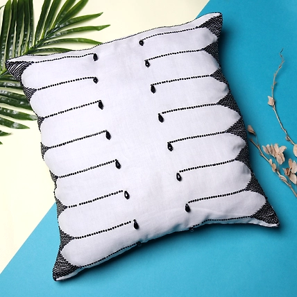 White Cushion Cover, Hand Embroidered , Designer Cushion Cover-MOD-CC-WHBL-DROP