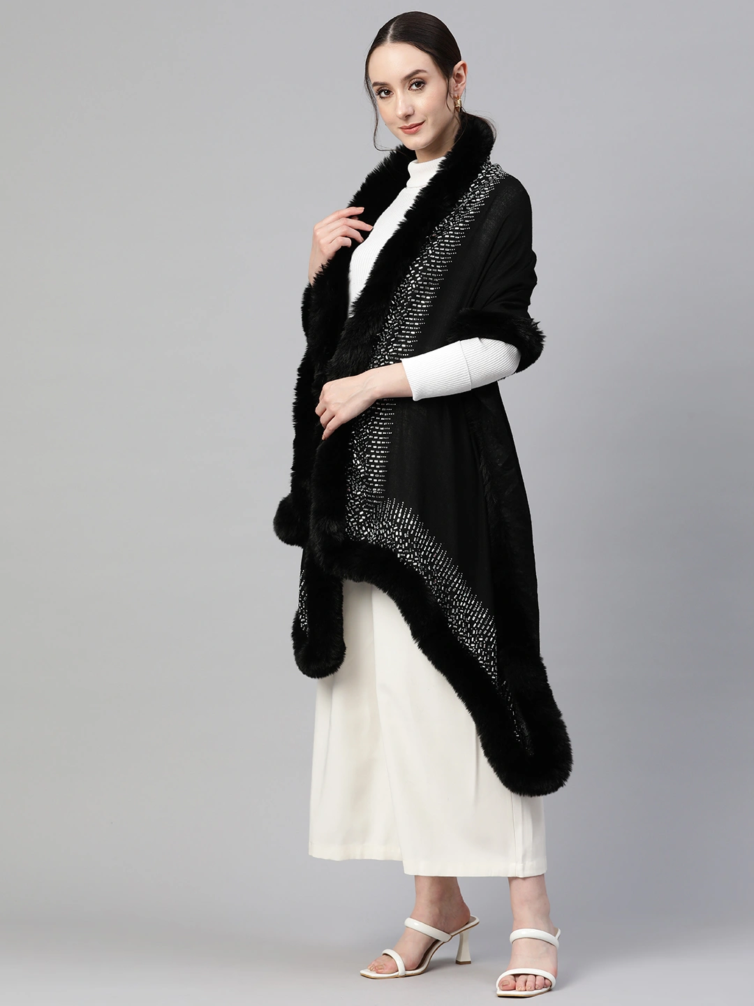 Black shawl, fur shawl, with swarovksi, ideal party shawl, black shawl-1