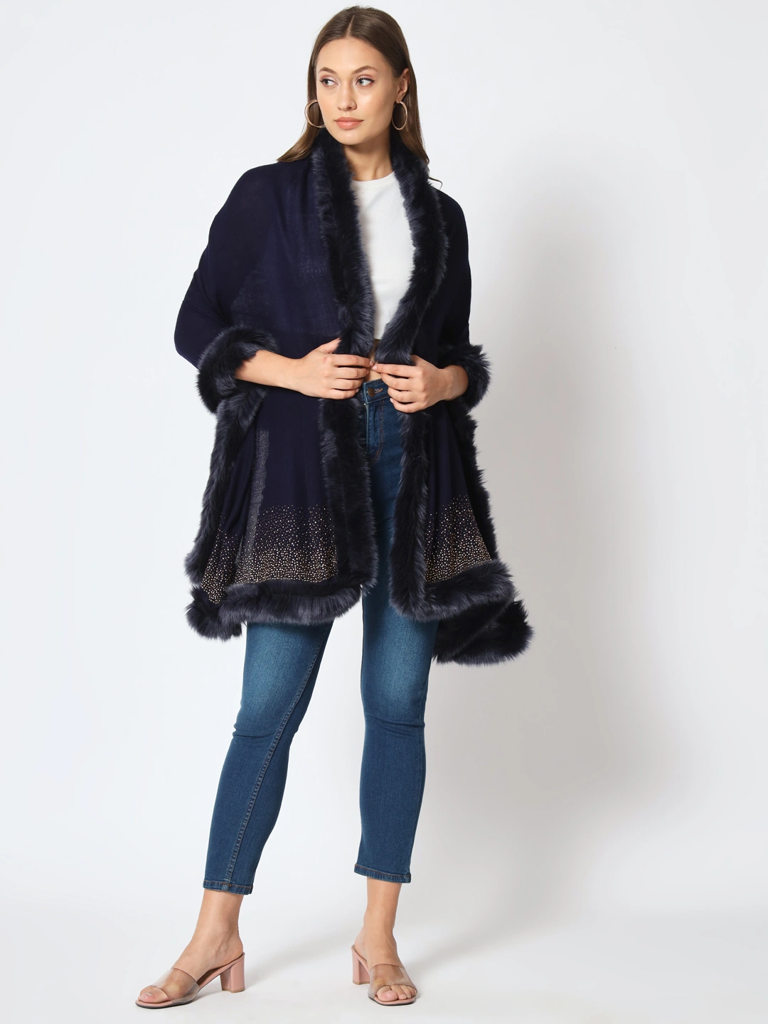 Sparkling Sequin Fine Wool Winter Fur Shawl-MOD-GE-BLU-SWA-FUR-23