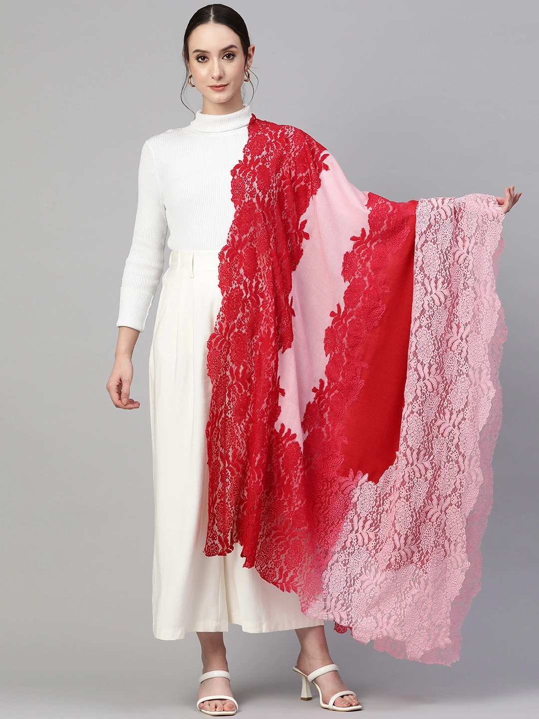 Red  Pink Ombre with  Lace Fine Wool Shawl-MOD-GE-PI-OMB-LC-23