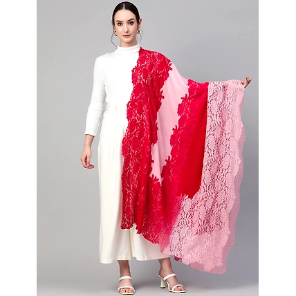 Red  Pink Ombre with  Lace Fine Wool Shawl-MOD-GE-PI-OMB-LC-23