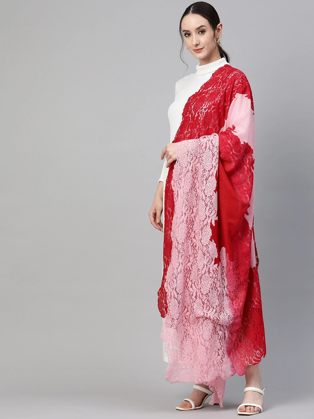 Red  Pink Ombre with  Lace Fine Wool Shawl-1