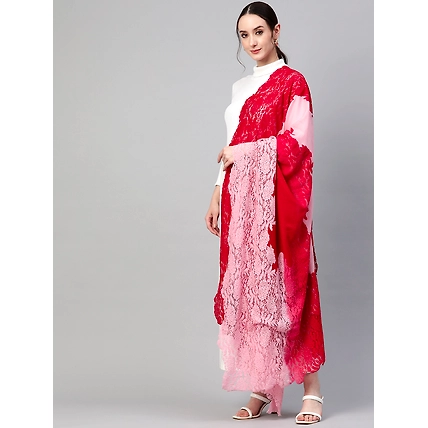 Red  Pink Ombre with  Lace Fine Wool Shawl-1