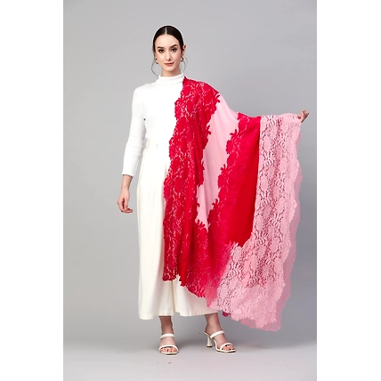 Red  Pink Ombre with  Lace Fine Wool Shawl-7