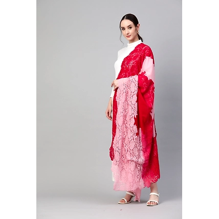 Red  Pink Ombre with  Lace Fine Wool Shawl-8
