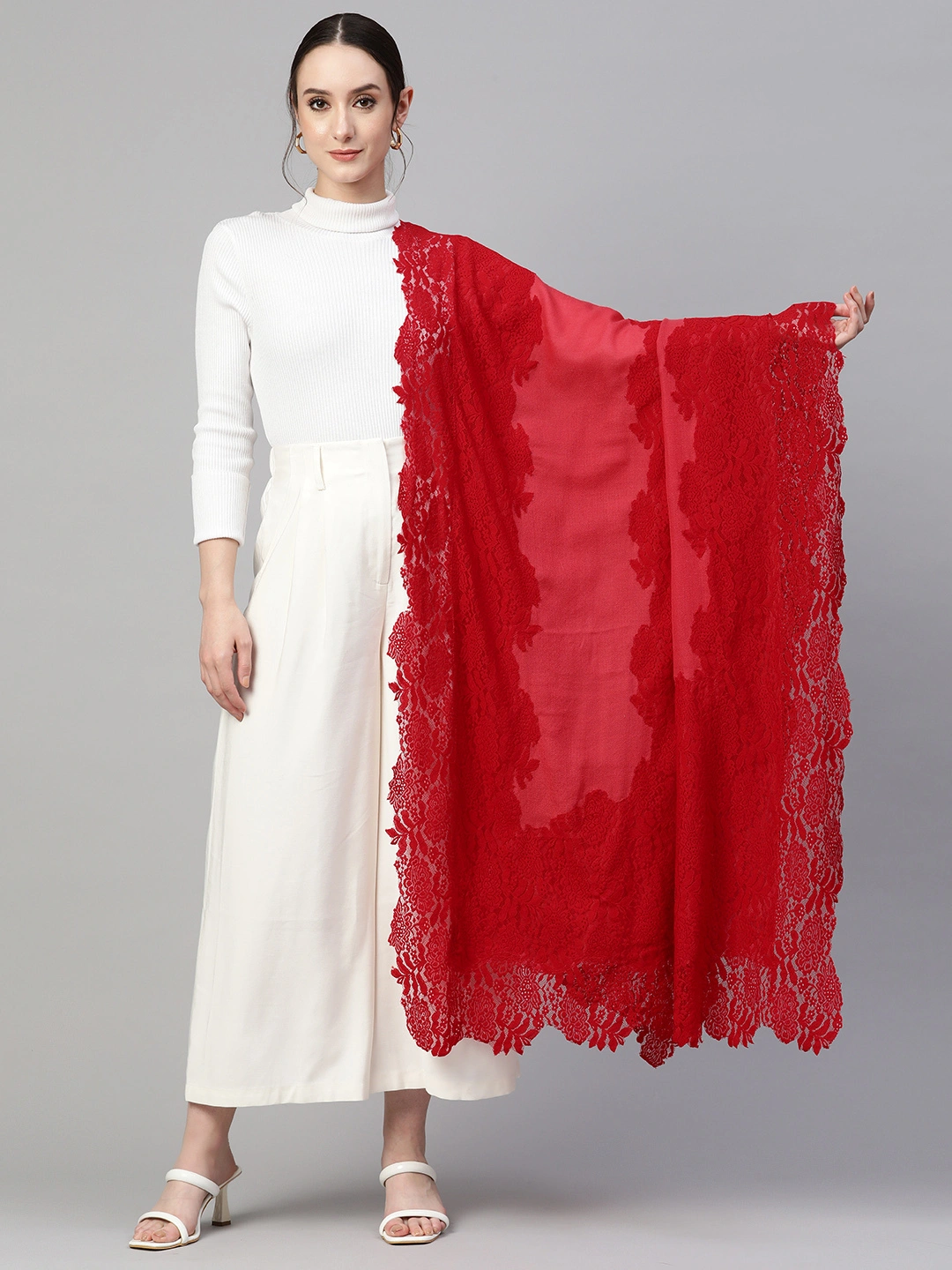 Red Lace Shawl Made of Fine wool-MOD-GE-RED-LC-23