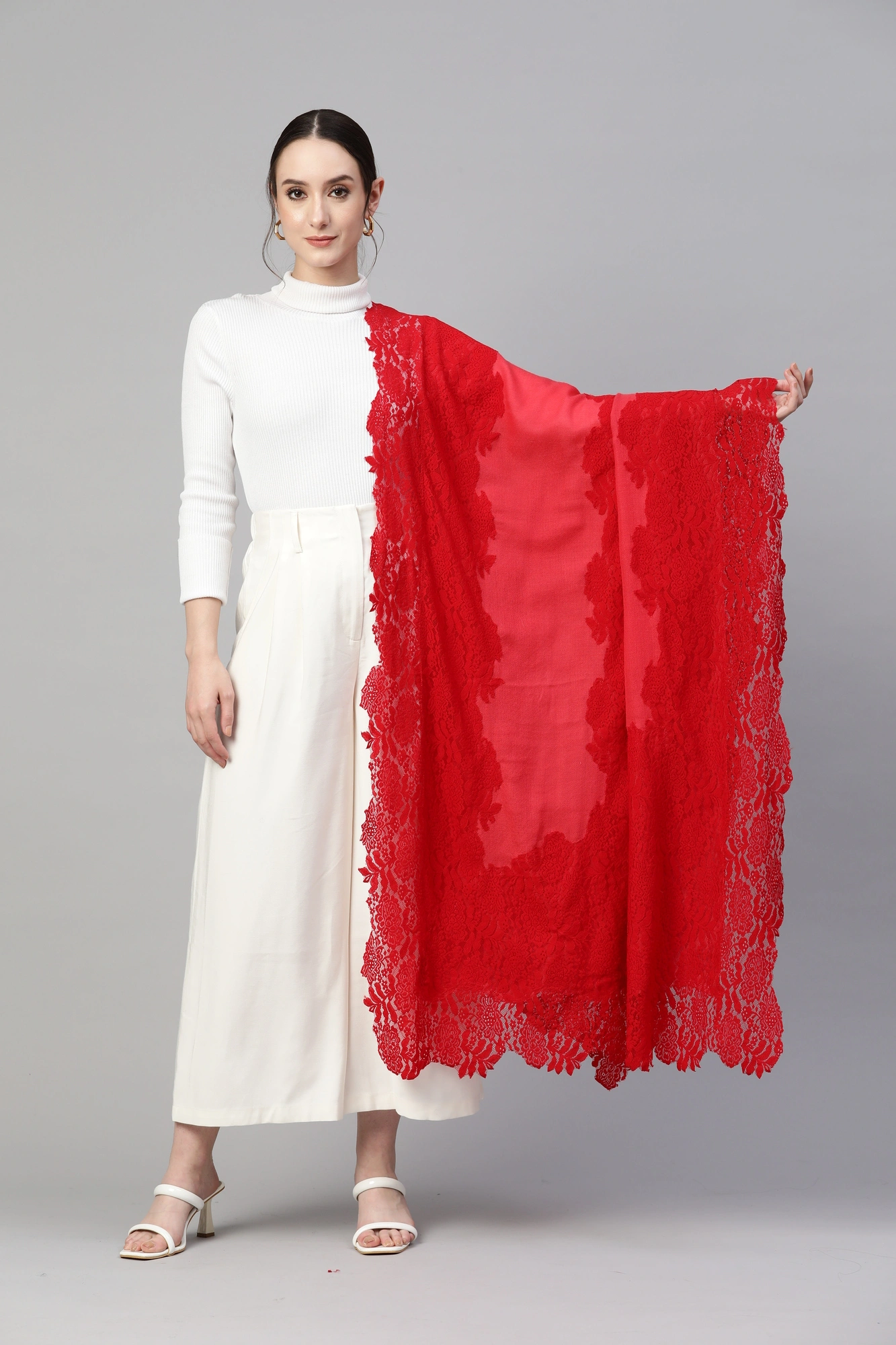 Red Lace Shawl Made of Fine wool-7