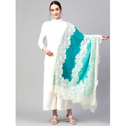 Turquoise Blue Ombre with Lace Fine Wool Shawl-MOD-GE-TB-OMB-LC-23