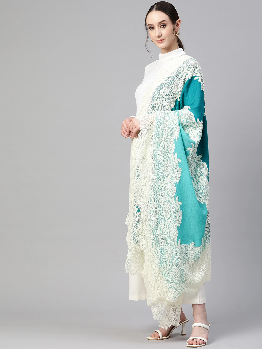 Turquoise Blue Ombre with Lace Fine Wool Shawl-1