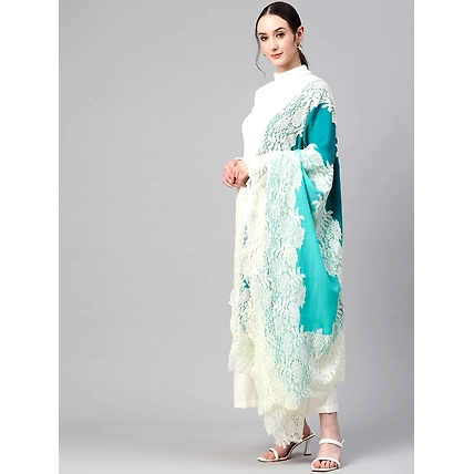 Turquoise Blue Ombre with Lace Fine Wool Shawl-1