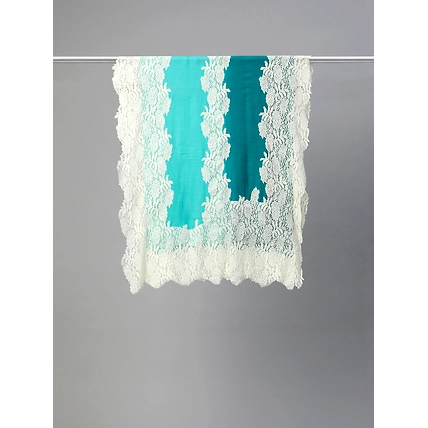 Turquoise Blue Ombre with Lace Fine Wool Shawl-2