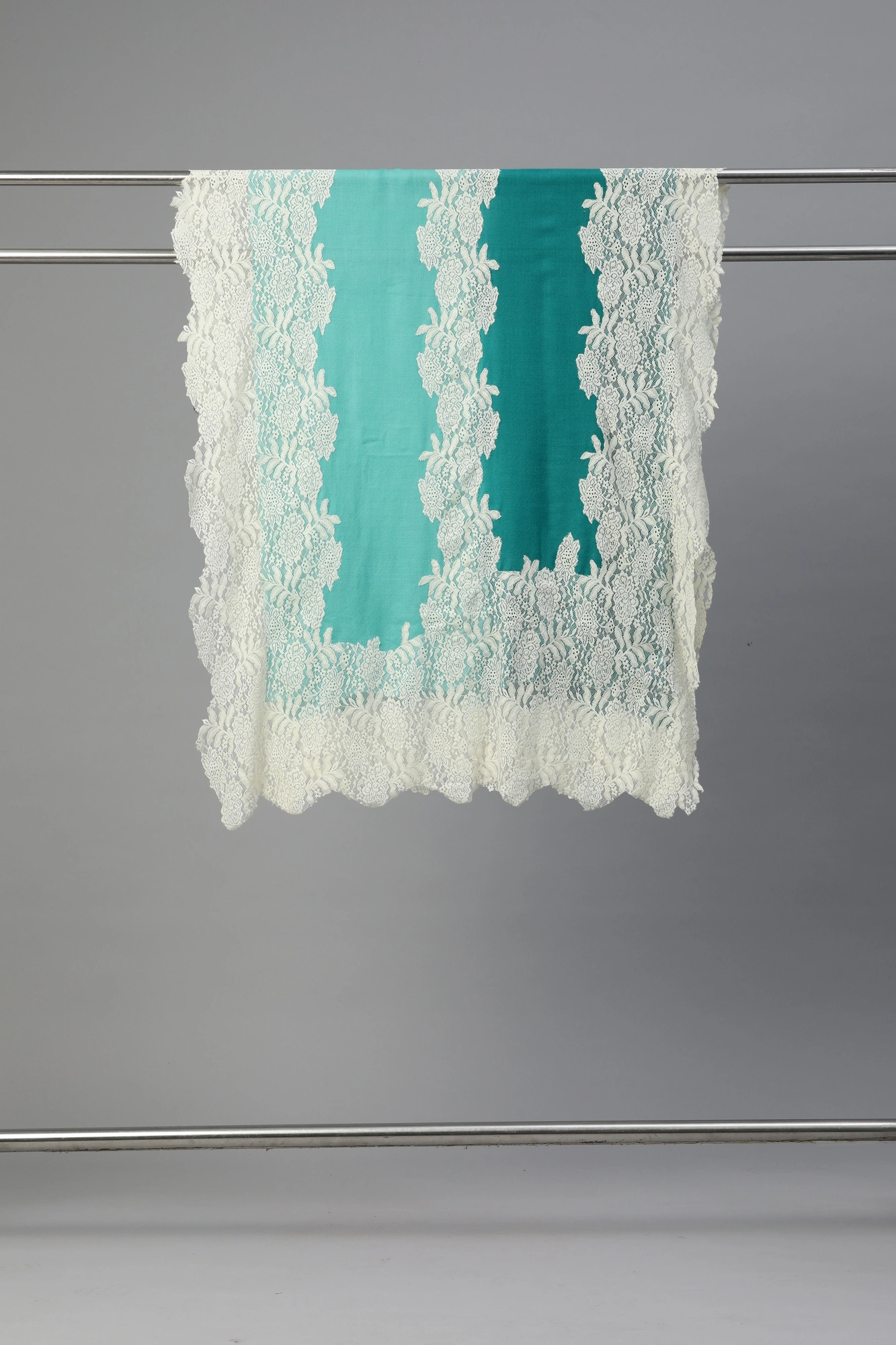 Turquoise Blue Ombre with Lace Fine Wool Shawl-6