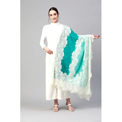 Turquoise Blue Ombre with Lace Fine Wool Shawl-7