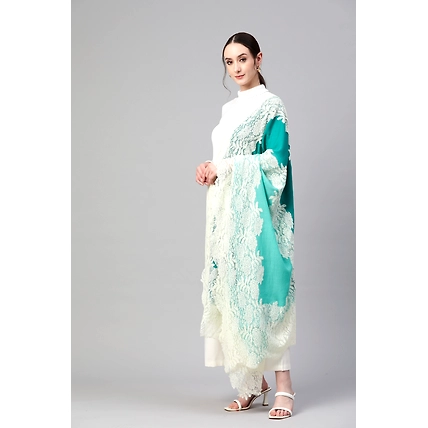 Turquoise Blue Ombre with Lace Fine Wool Shawl-8