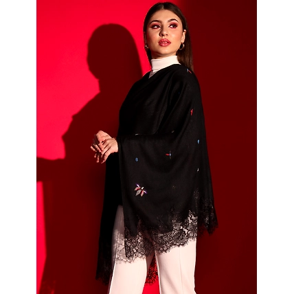 Black Shawl with butterfly hand embroidery and lace-1