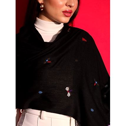 Black Shawl with butterfly hand embroidery and lace-4