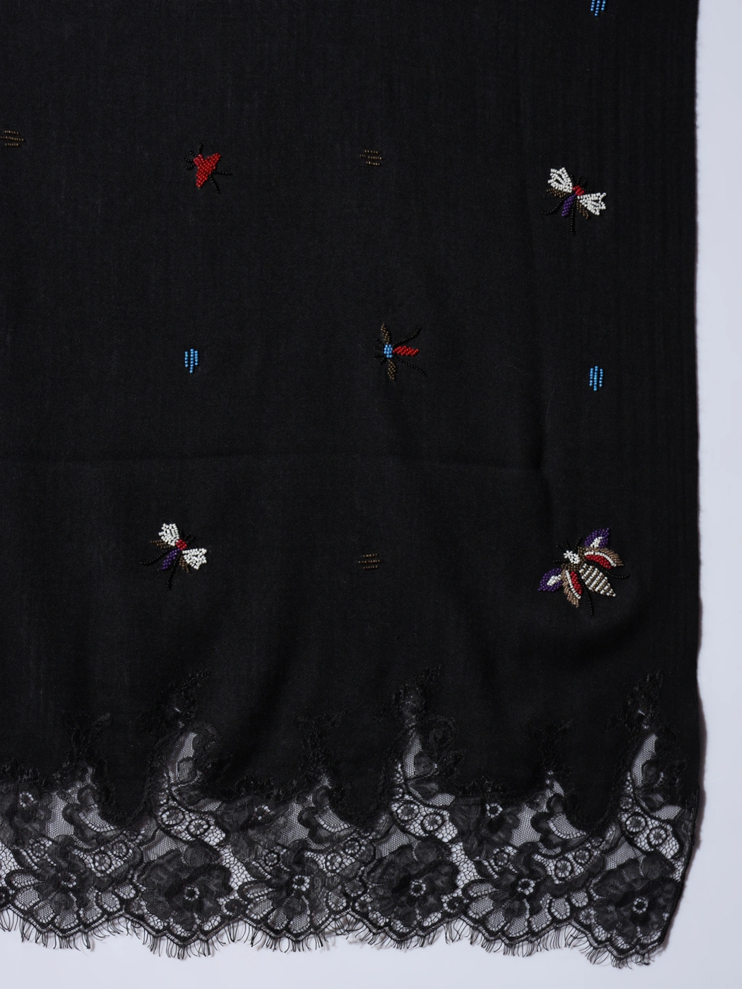 Black Shawl with butterfly hand embroidery and lace-6