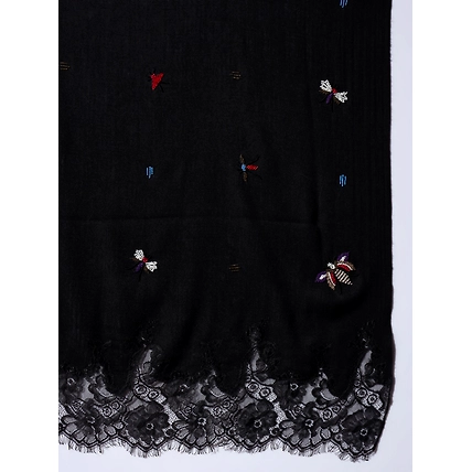 Black Shawl with butterfly hand embroidery and lace-6